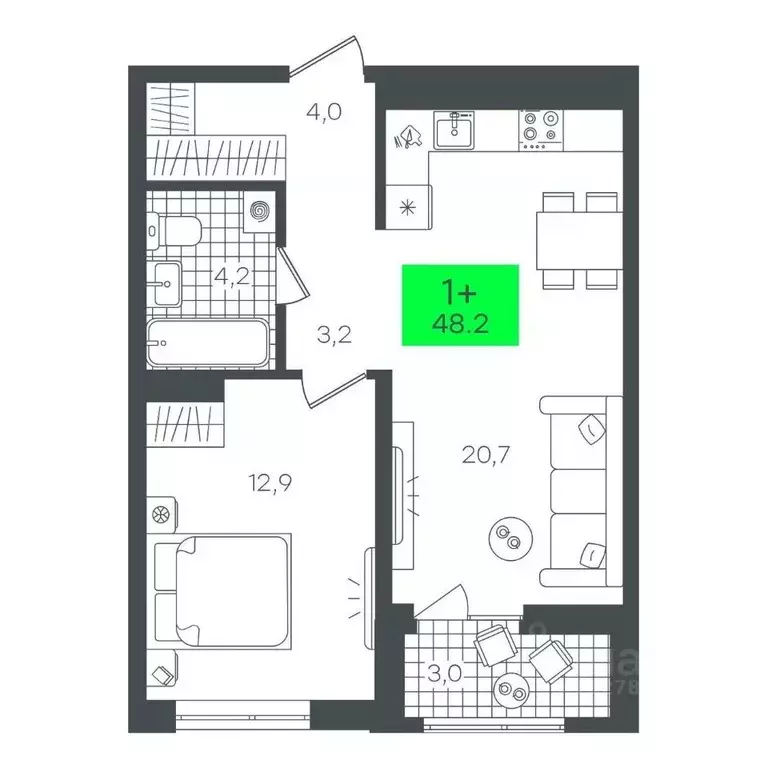 1-к кв. Тюменская область, Тюмень ул. Николая Глебова, 10 (48.29 м) - Фото 0