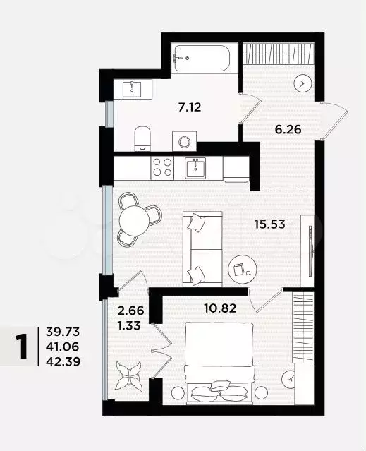 1-к. квартира, 41,1 м, 3/5 эт. - Фото 1