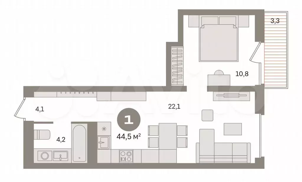 1-к. квартира, 44,5 м, 3/8 эт. - Фото 0