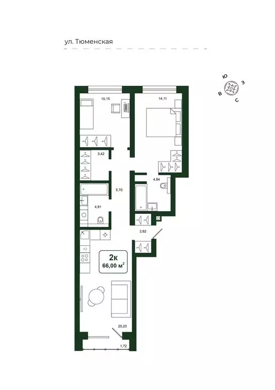 2-комнатная квартира: Дударева, ЖК Родина-2 (66 м) - Фото 0