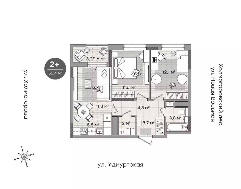 2-к кв. Удмуртия, Ижевск ул. Холмогорова, 107 (56.6 м) - Фото 0