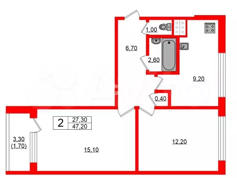 2-к. квартира, 47,2 м, 1/9 эт. - Фото 0