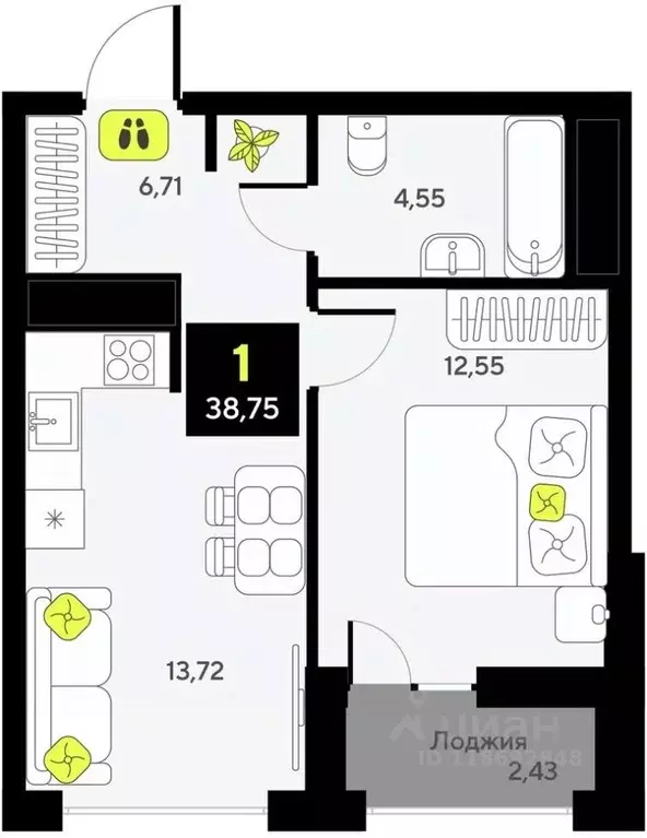 1-к кв. Тюменская область, Тюмень ул. Андрея Приказнова, 1 (38.75 м) - Фото 0