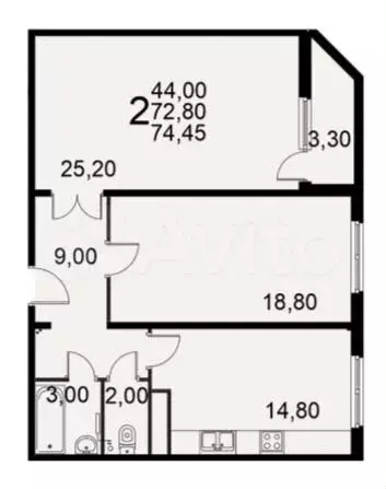 2-к. квартира, 74,5 м, 14/15 эт. - Фото 0