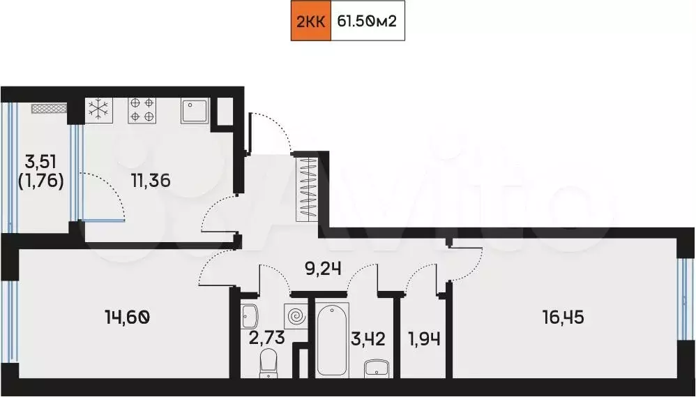 2-к. квартира, 61,6 м, 3/9 эт. - Фото 1