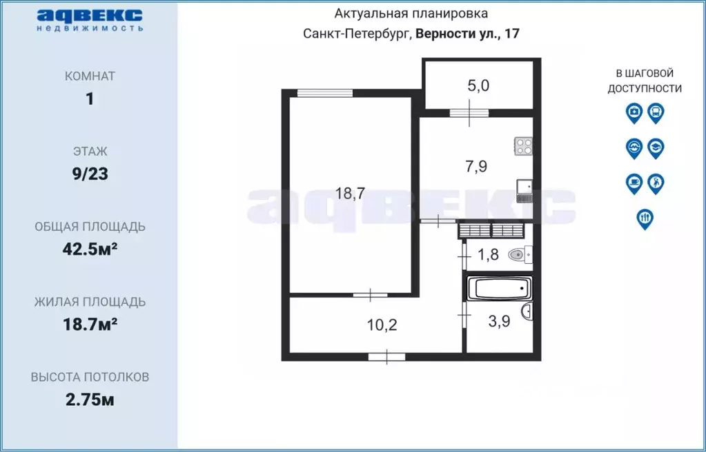 1-к кв. Санкт-Петербург ул. Верности, 17 (42.5 м) - Фото 1