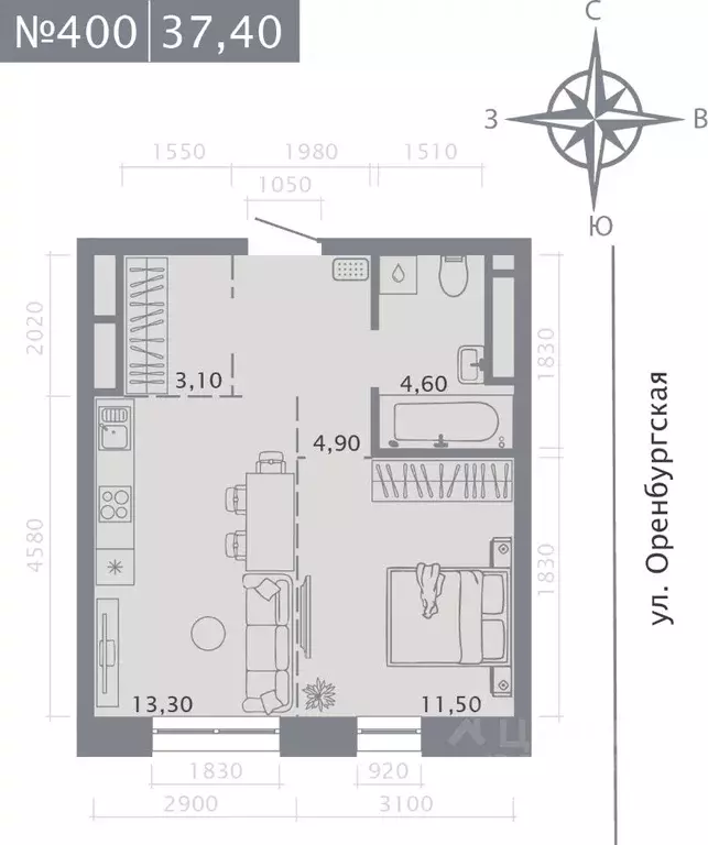 1-к кв. Татарстан, Казань ул. Шишкина (37.4 м) - Фото 1
