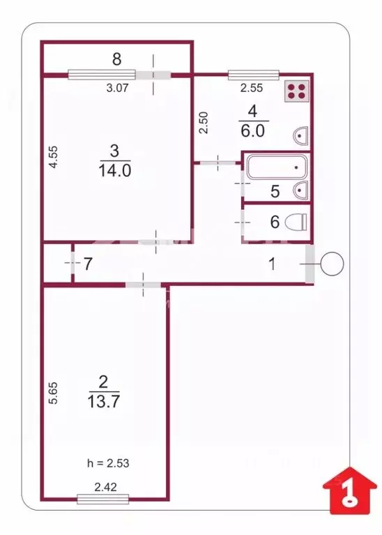 2-к кв. Омская область, Омск 3-й мкр, ул. Путилова, 11 (44.6 м) - Фото 1