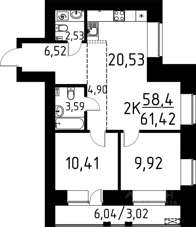 2-к кв. Томская область, Томск ул. Вершинина, 58к2 (61.42 м) - Фото 0