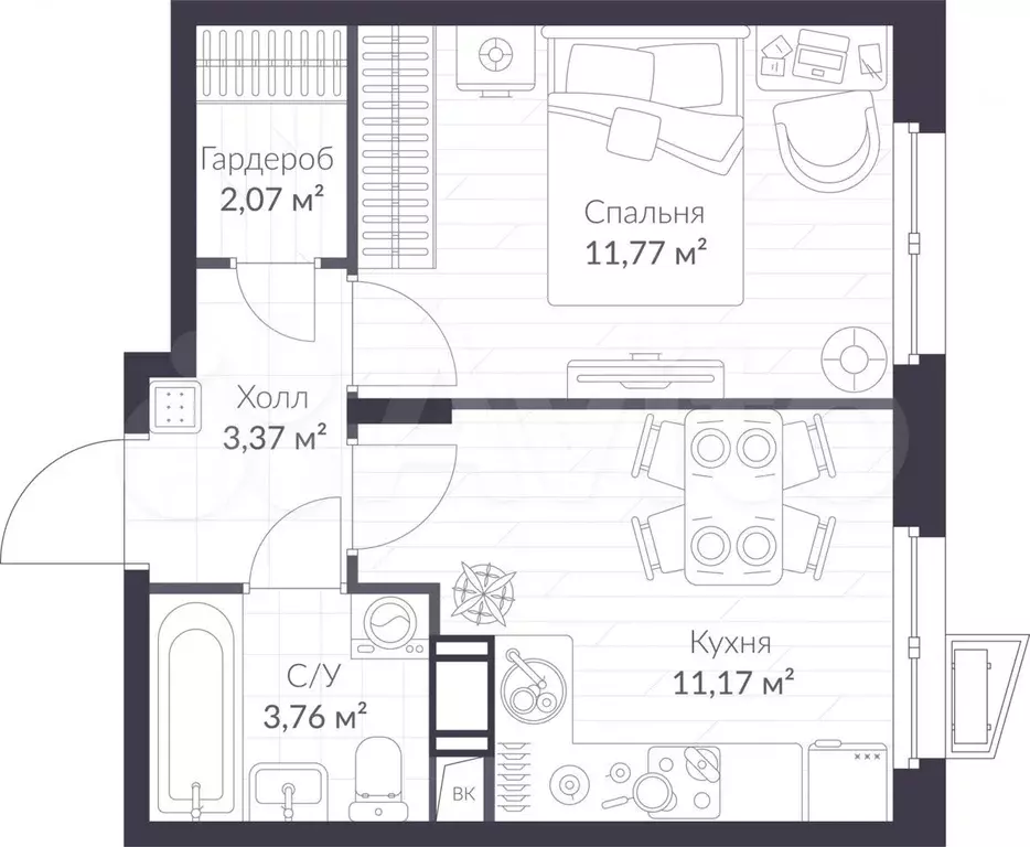 1-к. квартира, 32,1 м, 4/11 эт. - Фото 1