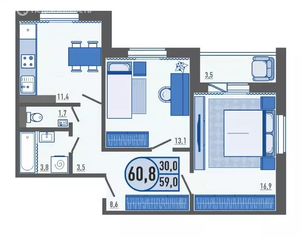 2-комнатная квартира: деревня Жилина, улица Естина, 3 (59 м) - Фото 2