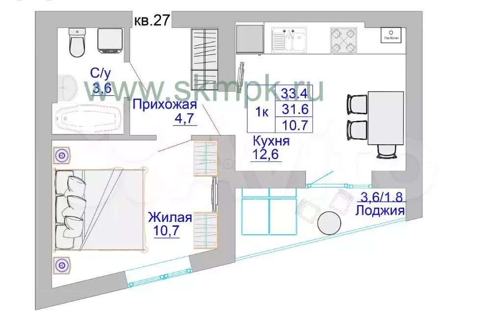 1-к. квартира, 34,1 м, 6/8 эт. - Фото 1