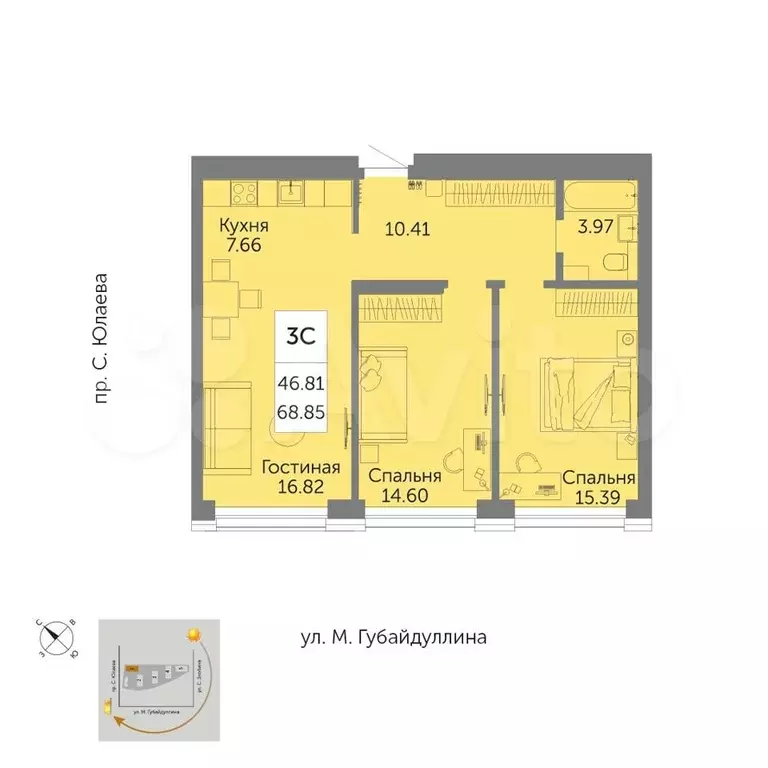 3-к. квартира, 68,9 м, 21/32 эт. - Фото 0