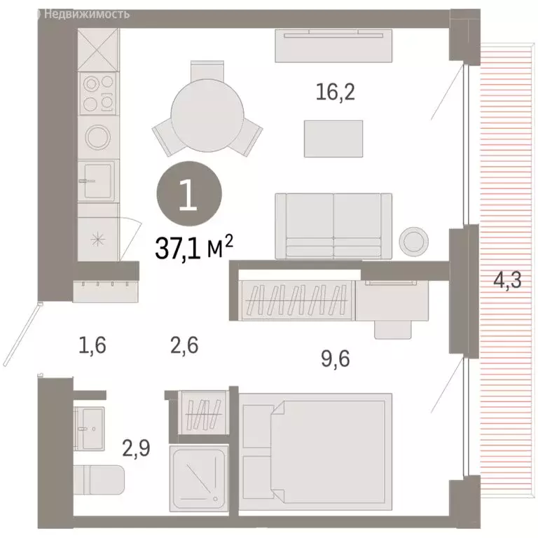 1-комнатная квартира: Новосибирский район, рабочий посёлок Краснообск, ... - Фото 2