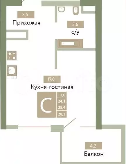 Квартира-студия, 28,3 м, 5/12 эт. - Фото 0