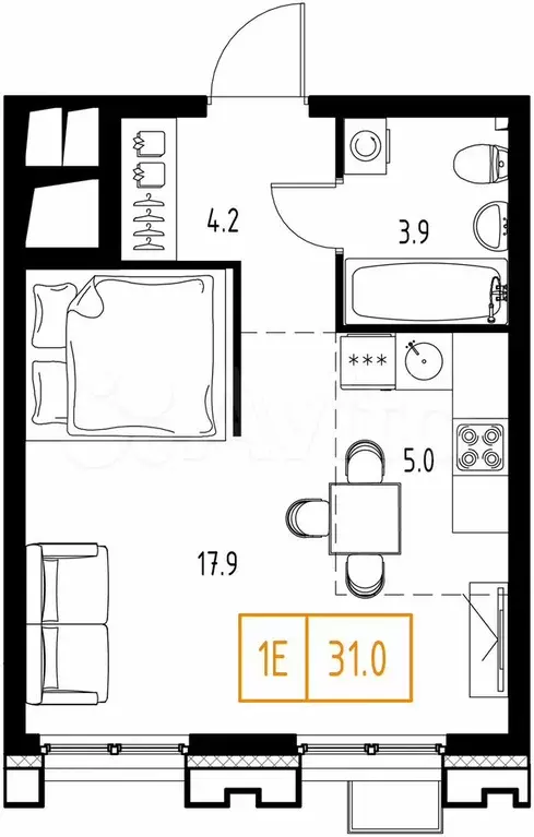 1-к. квартира, 31 м, 2/9 эт. - Фото 0