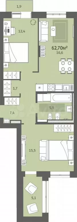 2-к. квартира, 62,7 м, 7/8 эт. - Фото 0
