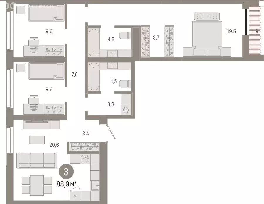 3-комнатная квартира: Новосибирск, Большевистская улица, с49 (88.87 м) - Фото 1