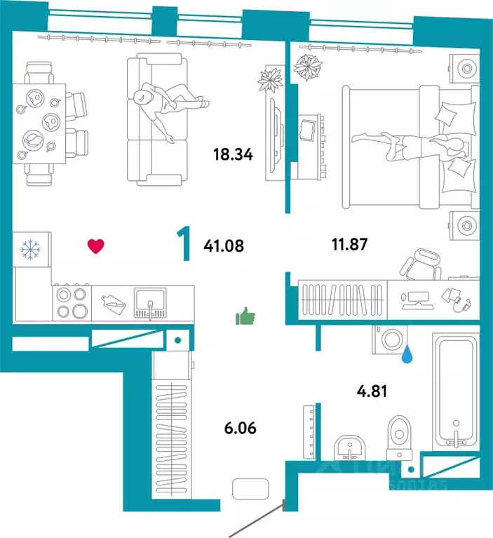 1-к кв. Тюменская область, Тюмень Интернациональная ул., 199к9 (41.08 ... - Фото 1