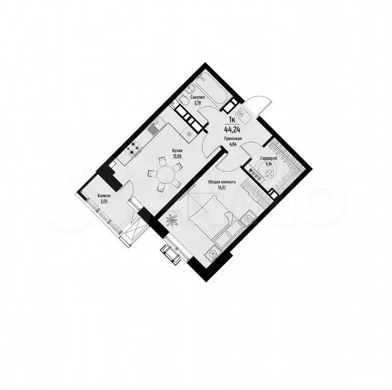 1-к. квартира, 44,2 м, 11/12 эт. - Фото 1