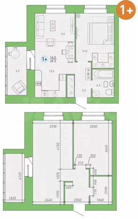 1-к. квартира, 49,3 м, 1/9 эт. - Фото 1