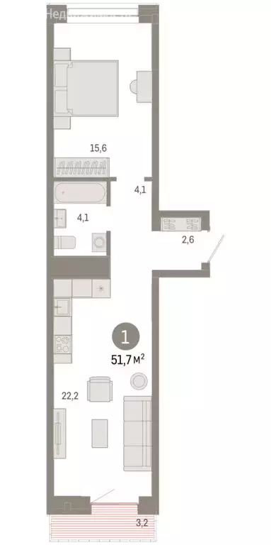 1-комнатная квартира: Тюмень, Причальная улица, 7 (51.72 м) - Фото 1