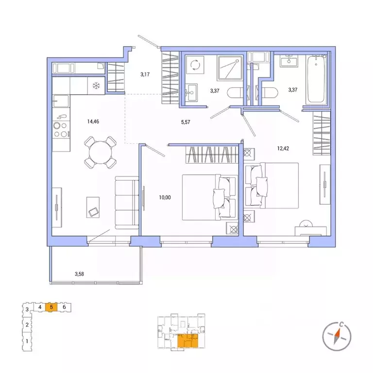 2-к кв. Санкт-Петербург Окла жилой комплекс (53.43 м) - Фото 0