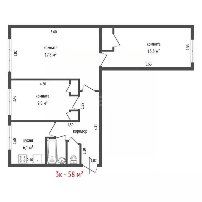 3-к кв. Свердловская область, Екатеринбург ул. Луначарского, 53А (58.0 ... - Фото 2