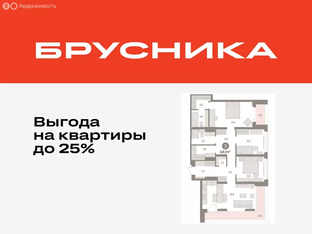 3-комнатная квартира: Тюмень, жилой комплекс На Минской (116 м) - Фото 0