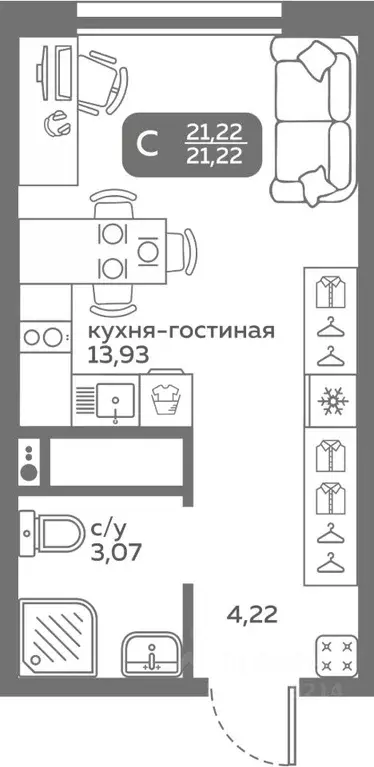 Студия Тюменская область, Тюмень ул. Вадима Бованенко, 10 (21.22 м) - Фото 0