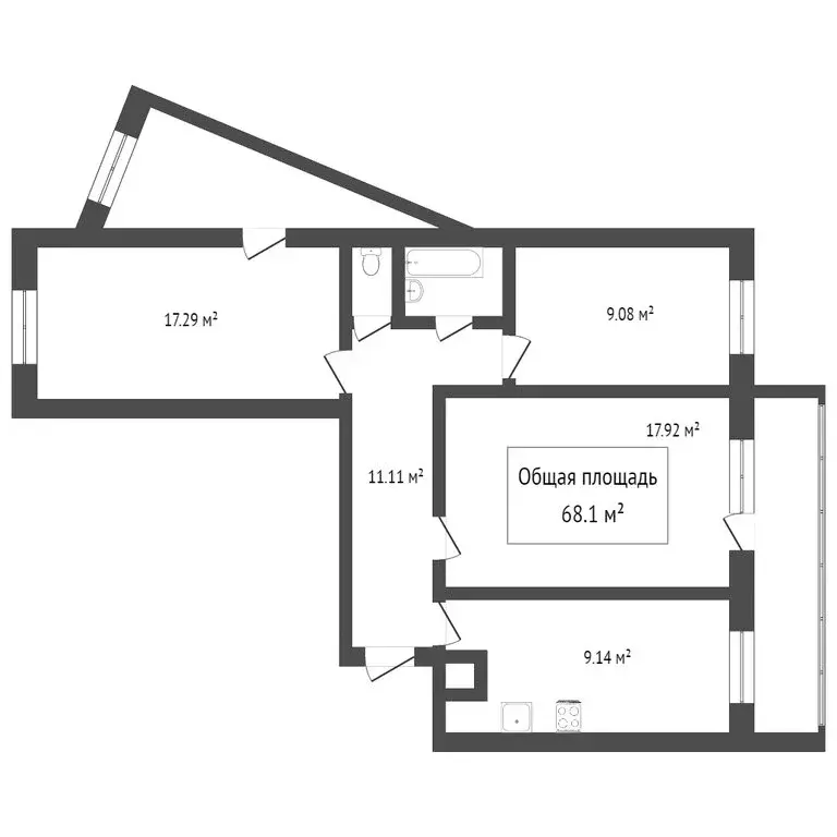 3-комнатная квартира: посёлок Светлый, 15 (68 м) - Фото 1