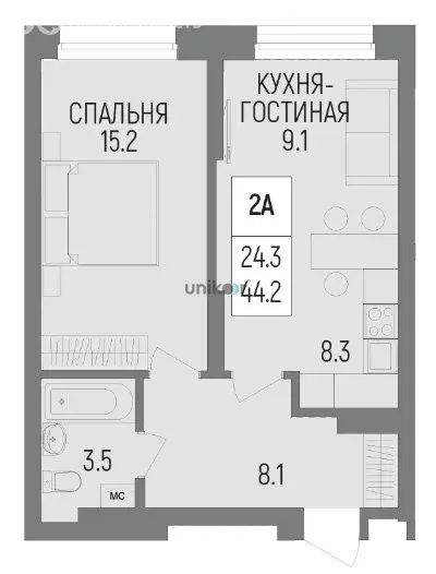 2-комнатная квартира: Уфа, улица Рудольфа Нуреева, 7 (44.2 м) - Фото 0