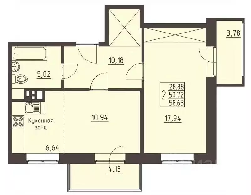 2-к кв. Иркутская область, Иркутск ул. Рылеева (58.63 м) - Фото 0