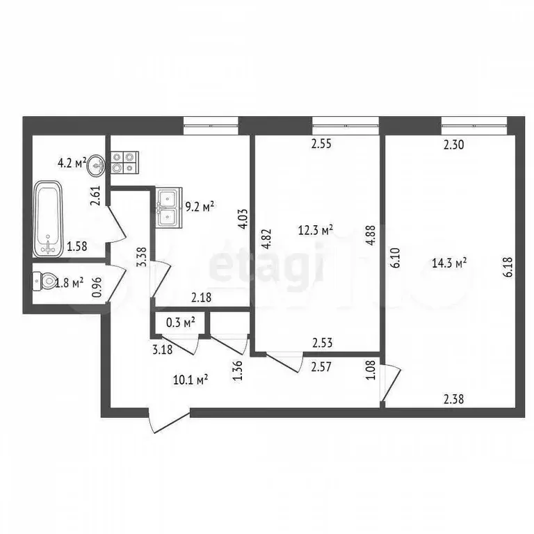 2-к. квартира, 53 м, 2/4 эт. - Фото 0