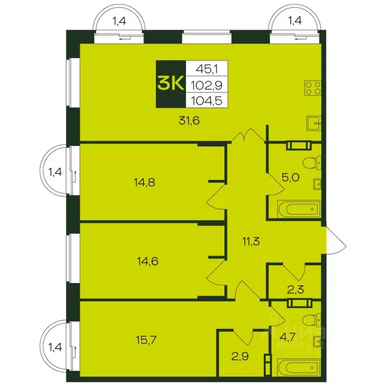 3-к кв. Чувашия, Чебоксары просп. Чебоксарский (104.4 м) - Фото 1