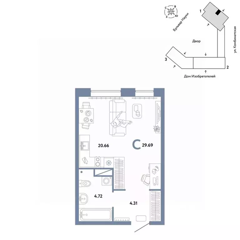 Студия Тюменская область, Тюмень Комбинатская ул., 16к1 (29.69 м) - Фото 0