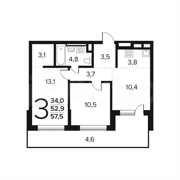 3-к. квартира, 57,5 м, 1/14 эт. - Фото 0