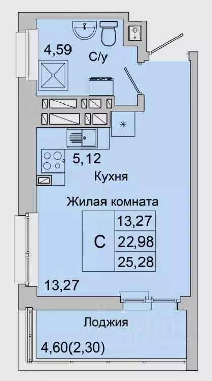 Студия Ростовская область, Батайск ул. Булгакова, 11 (25.28 м) - Фото 1