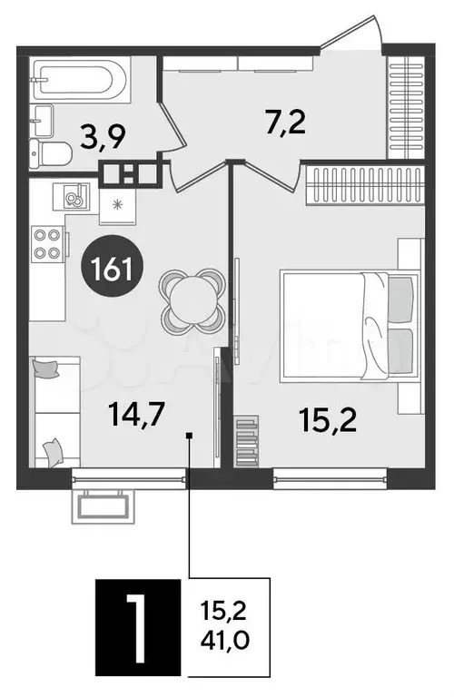 1-к. квартира, 41 м, 3/9 эт. - Фото 1