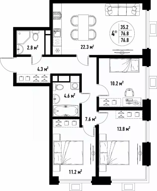 4-к кв. Астраханская область, Астрахань ул. Бэра, 29 (76.8 м) - Фото 2