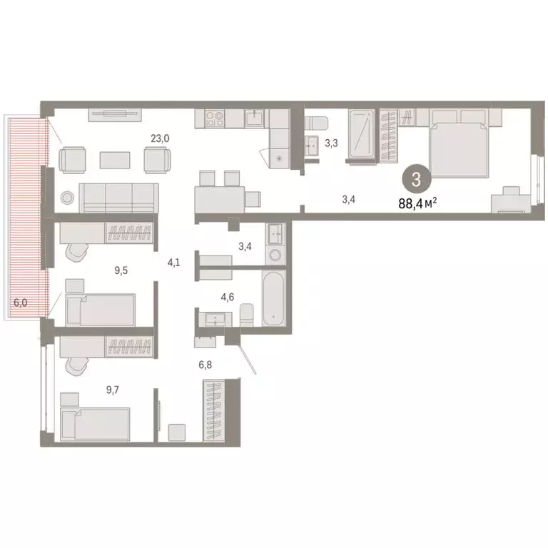 3-комнатная квартира: Тюмень, улица Республики, 205к3 (88.35 м) - Фото 1