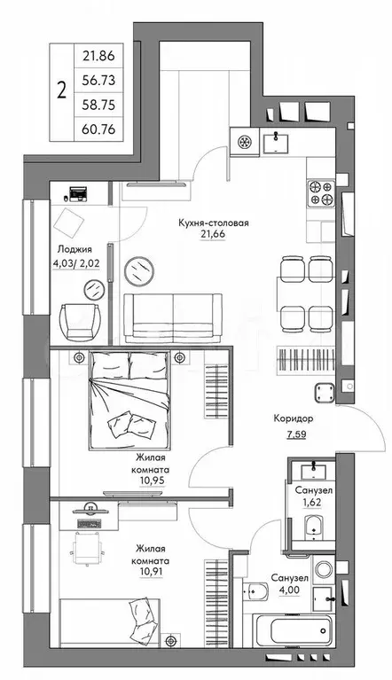 2-к. квартира, 60,8 м, 4/8 эт. - Фото 0