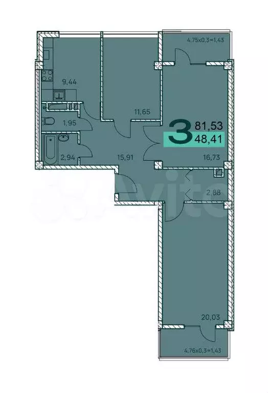3-к. квартира, 84,5 м, 1/9 эт. - Фото 1