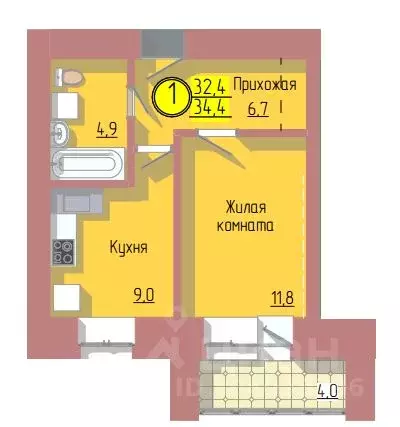 1-к кв. Амурская область, Благовещенск Загородная ул., 47 (34.5 м) - Фото 0