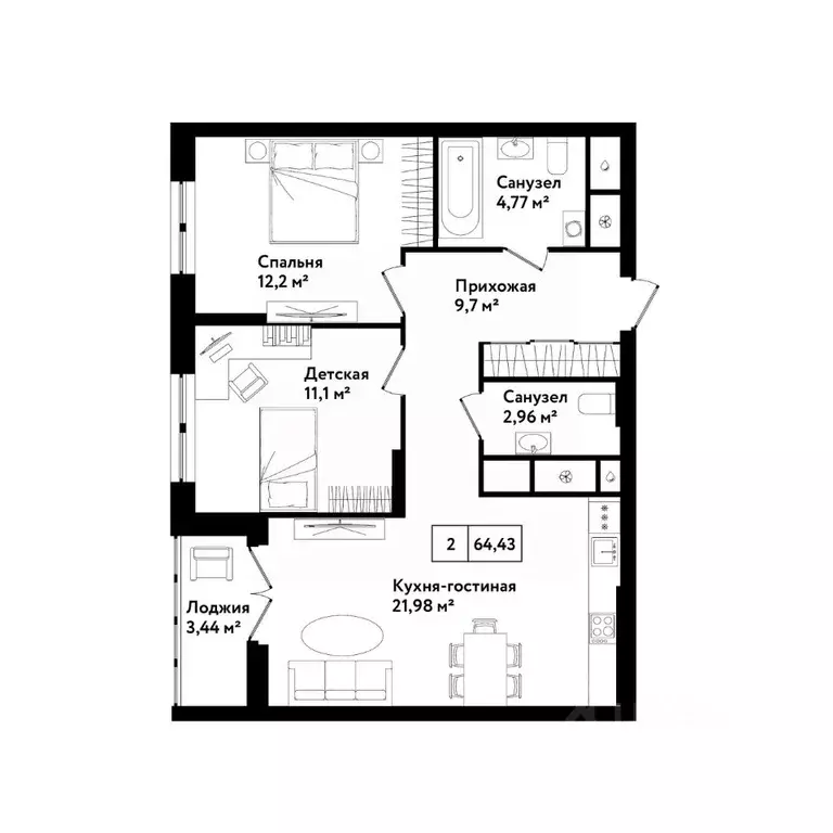 2-к кв. Тульская область, Тула ул. Седова, 26к1 (68.9 м) - Фото 1