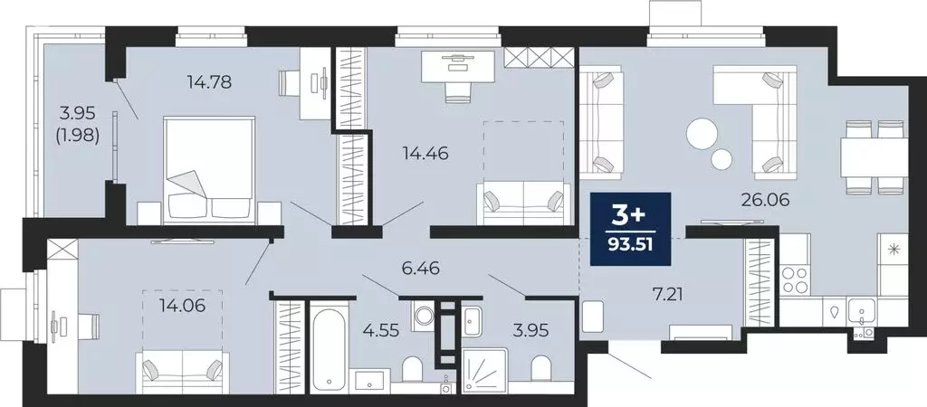 3-комнатная квартира: Тюмень, Арктическая улица, 14 (93.51 м) - Фото 0