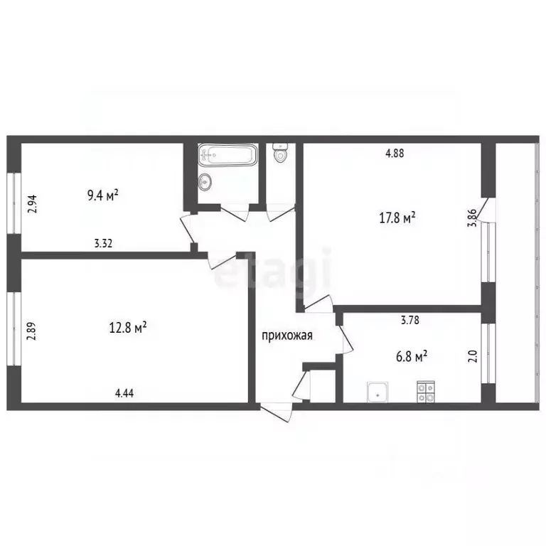 3-к кв. Татарстан, Тукаевский район, с. Бетьки ул. Гагарина, 18 (58.8 ... - Фото 1