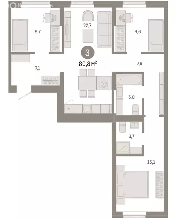 3-комнатная квартира: Омск, Кировский округ (80.81 м) - Фото 1