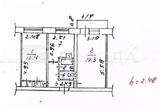2-к кв. Кемеровская область, Новокузнецк ул. Батюшкова, 17 (44.7 м) - Фото 1