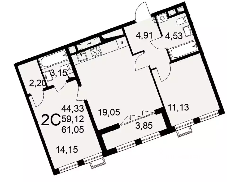 2-к кв. Тульская область, Тула Овация жилой комплекс (61.05 м) - Фото 0